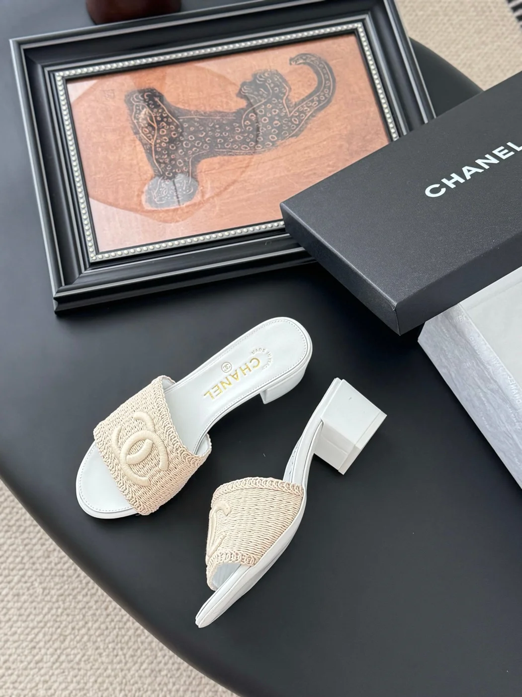 Chanel Women Beige Woven Fabric Slides product view 4