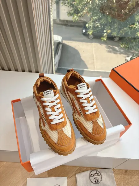 Hermès Women Brown Mesh Suede Sneakers product view 3