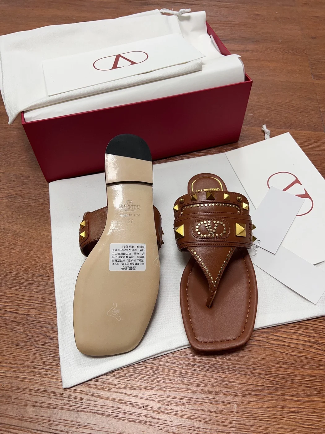 Valentino Women Brown Leather Studded Sandals product view 6