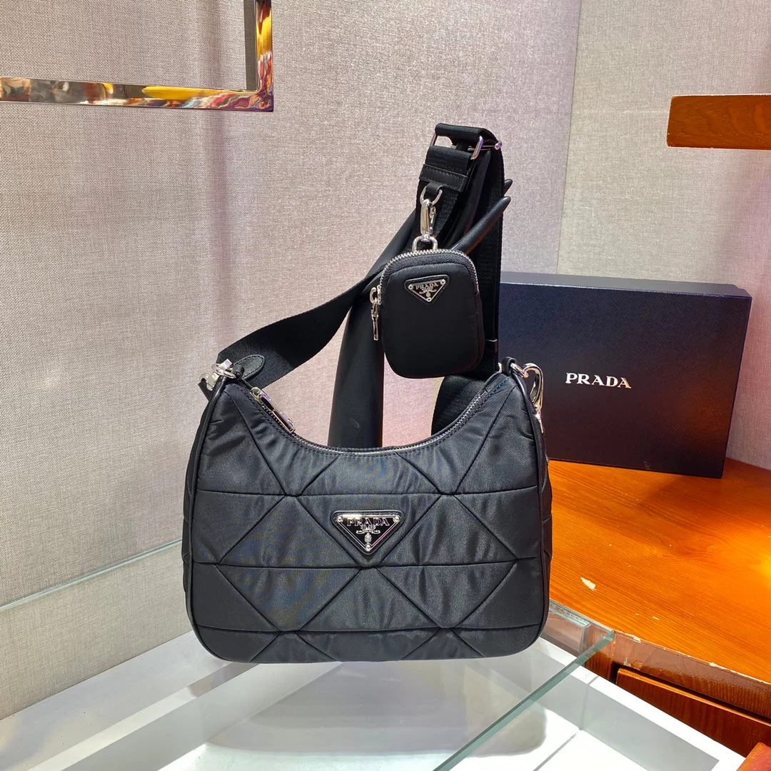 Prada Hobo Bag 24 In Black Triangular Quilted Pattern Re-Nylon product view 1