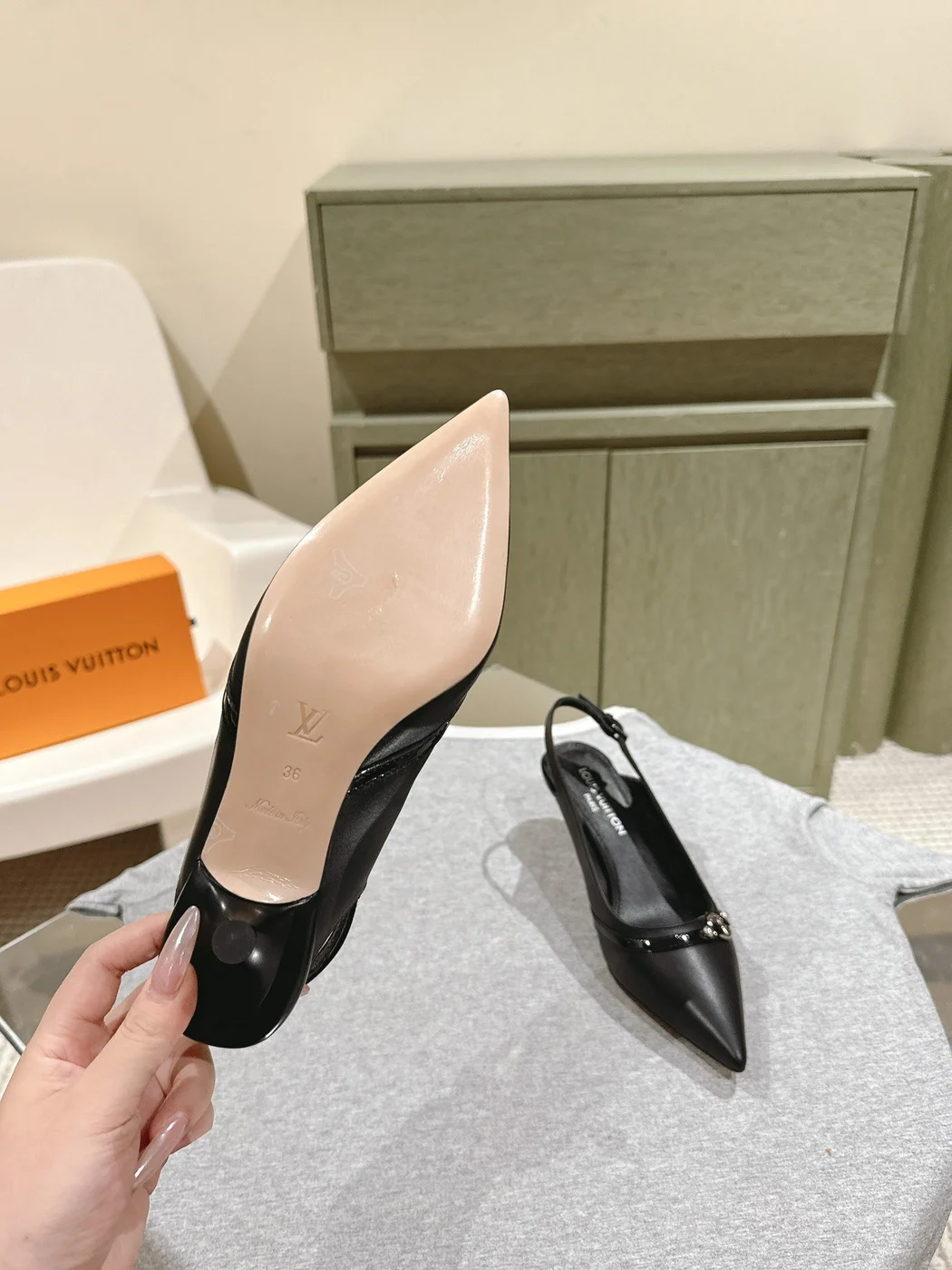 Louis Vuitton Women Black Leather Slingback Heels product view 2