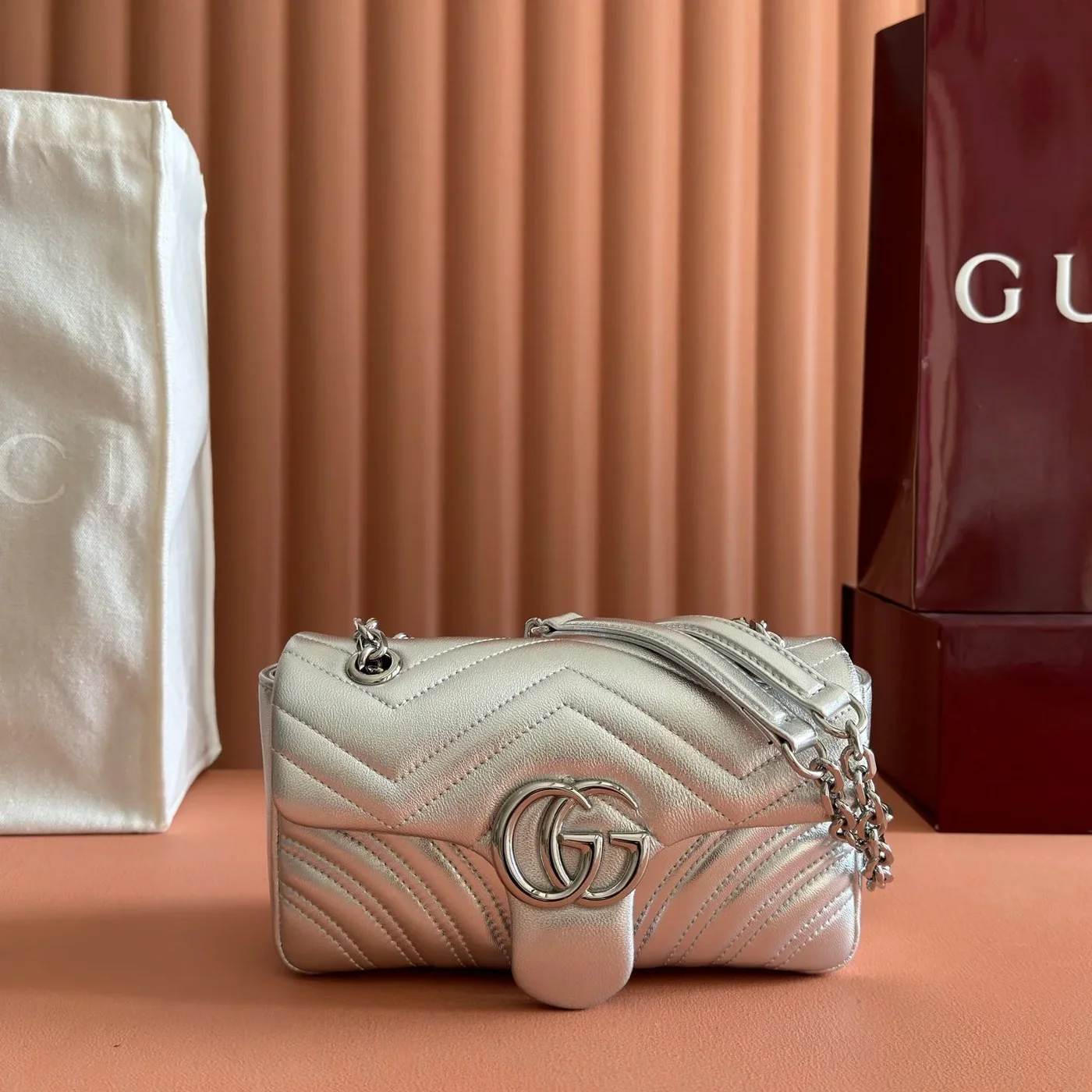 Gucci GG Marmont Bag 22 In Silver Lambskin product view 1