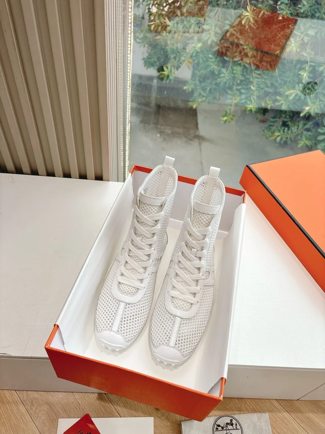 Hermès Women White Mesh Leather Sneakers product view 3