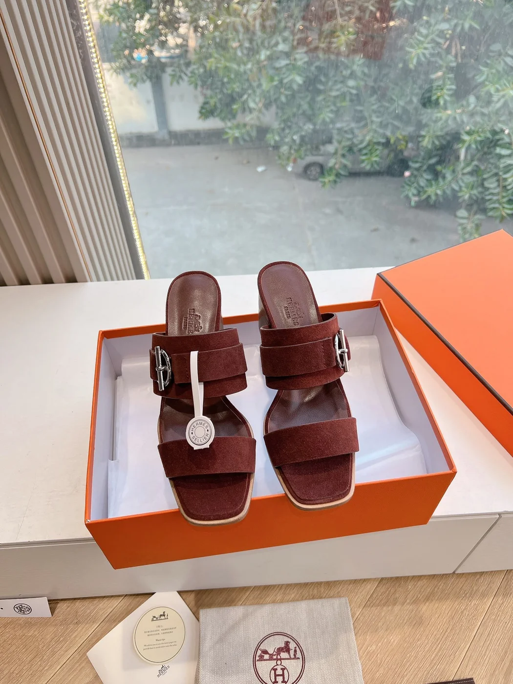 Hermès Women Brown Suede Leather Mules product view 3