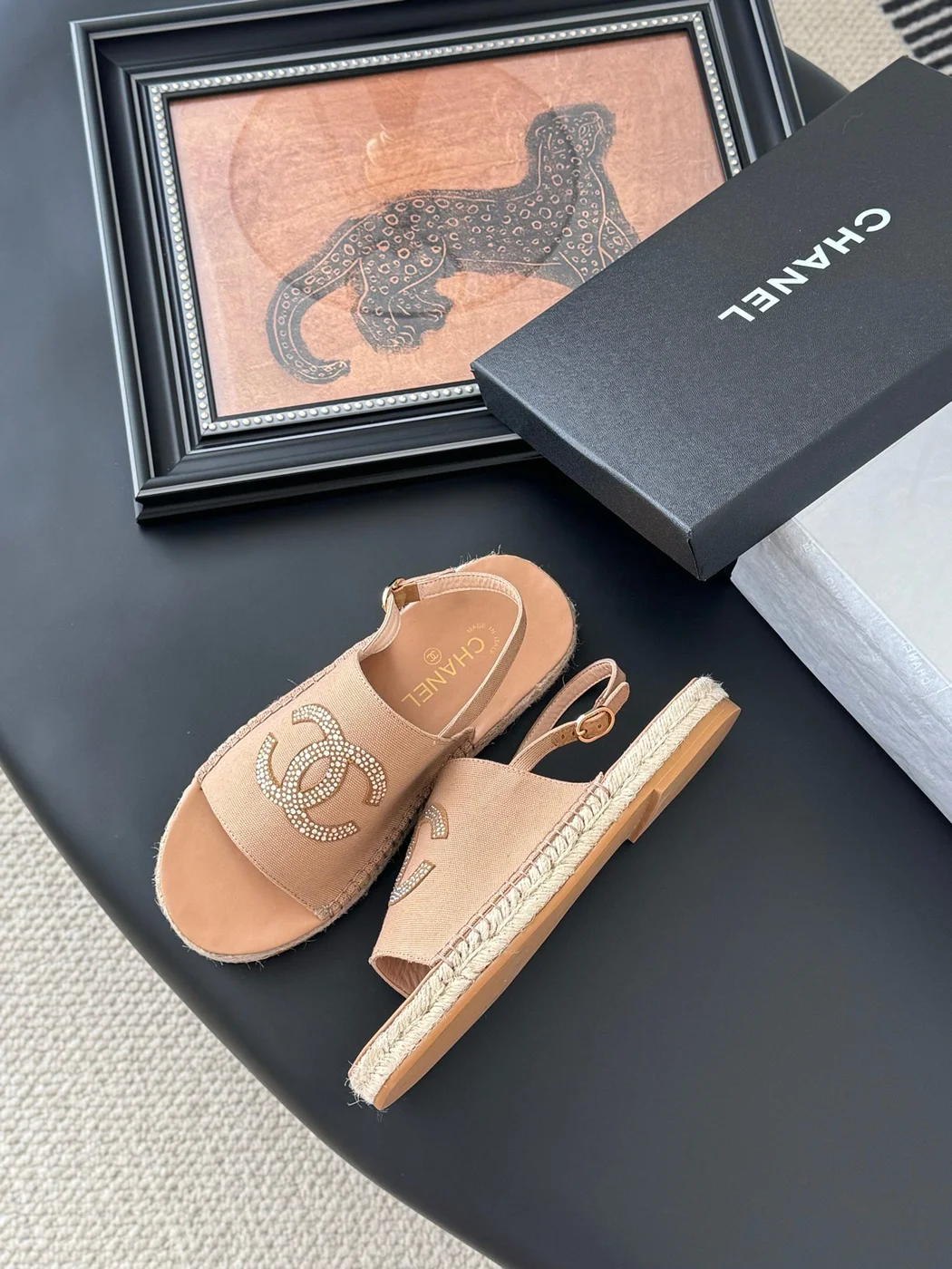 Chanel Women Beige Canvas Crystal Logo Sandals product view 4