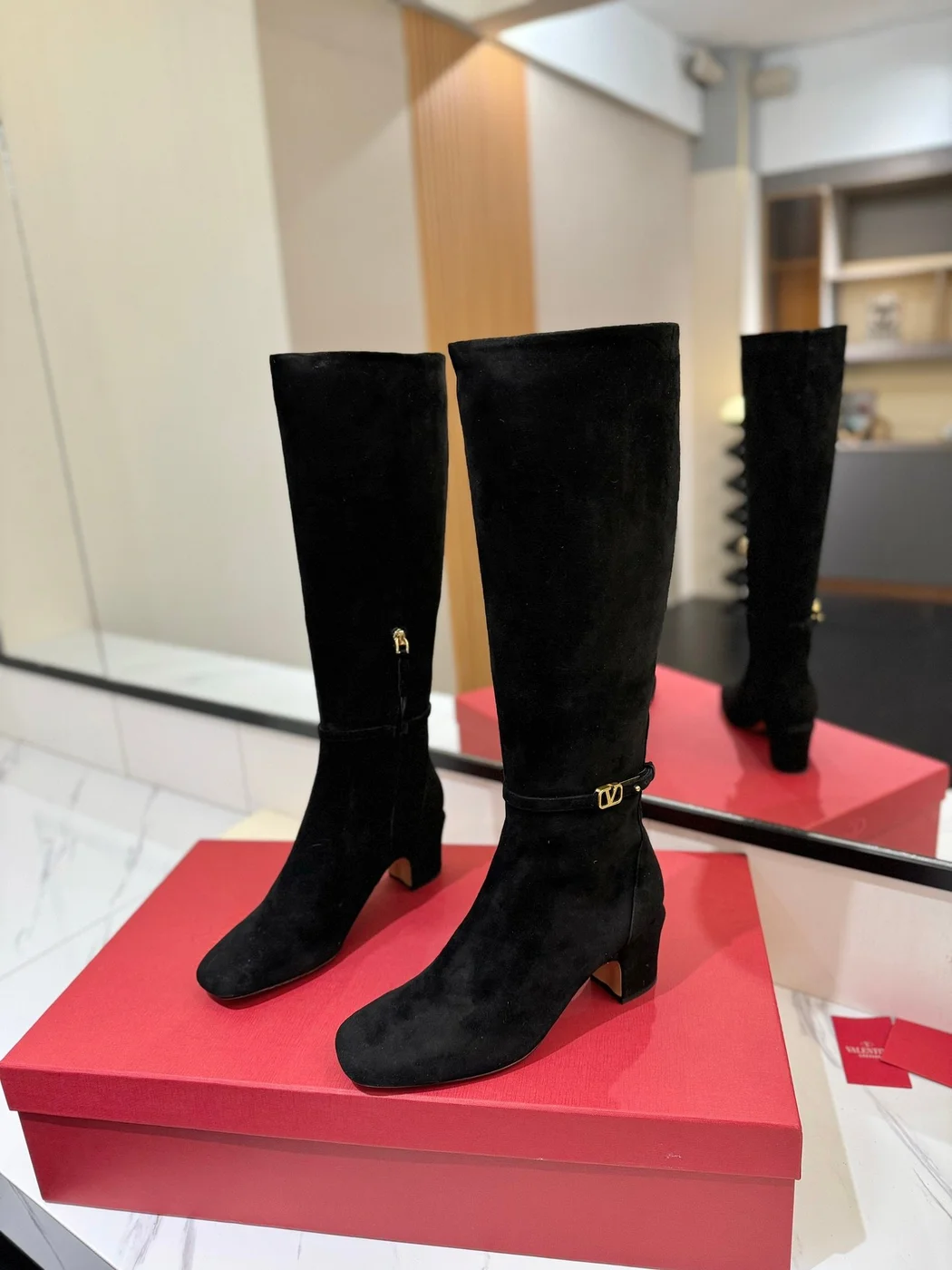 Valentino Women Black Suede Mid Heel Boots product view 3