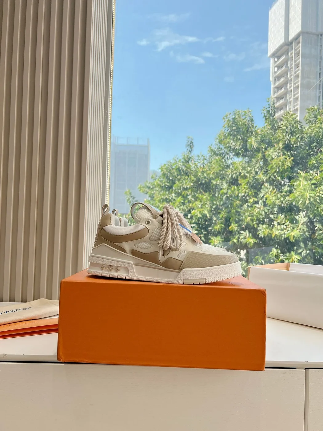 Louis Vuitton Women Beige Mesh Leather Sneakers product view 2