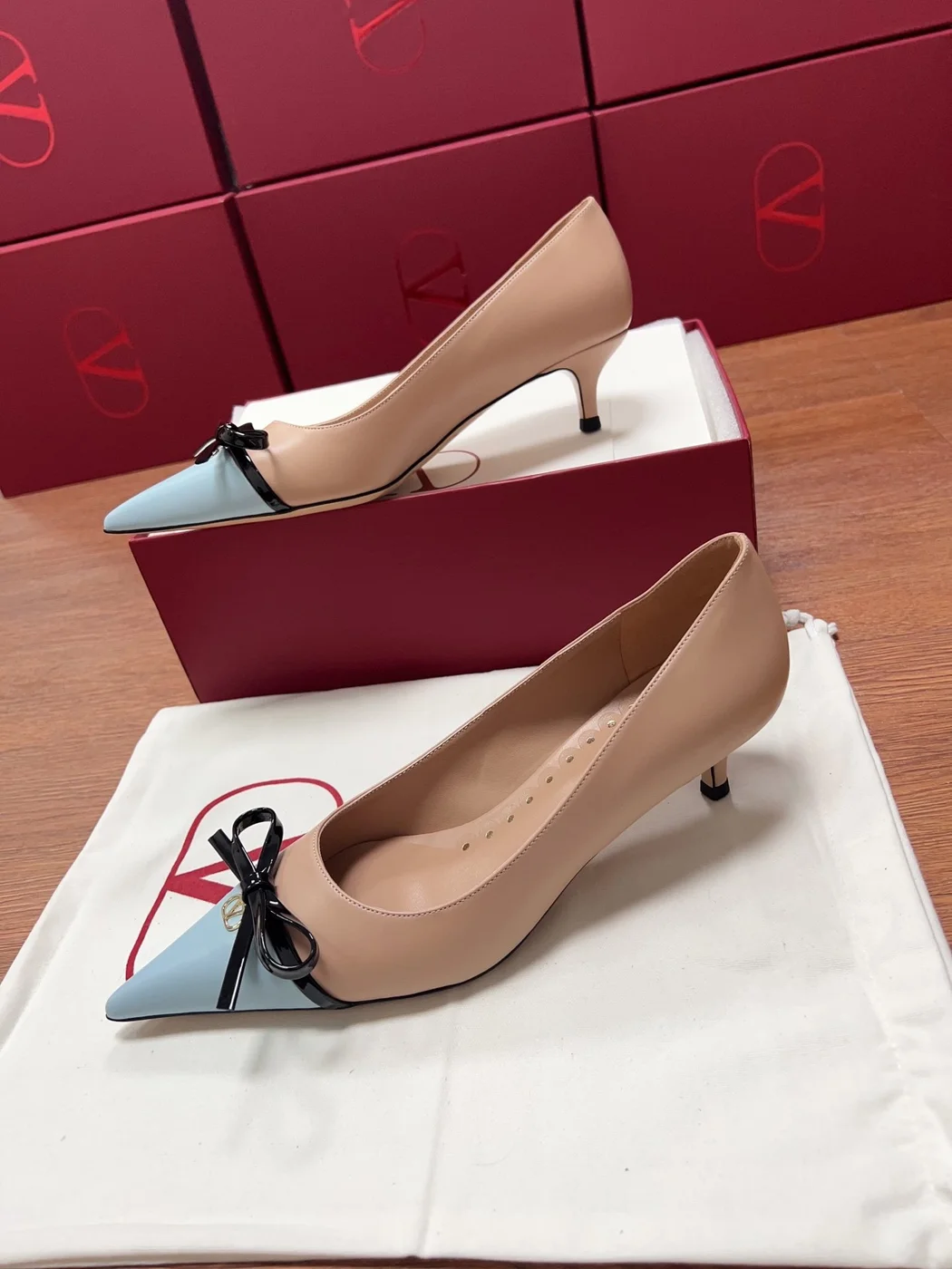 Valentino Women Beige And Light Blue Leather Pumps product view 5