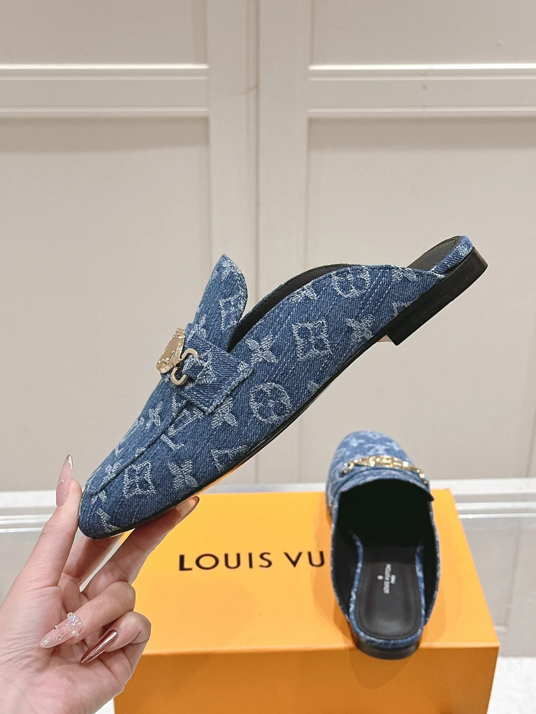 Louis Vuitton Women Blue Denim Leather Mules product view 6