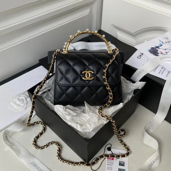 Chanel Woc Pearl Handle Plated Handbags Black Leather With Lock Gold .5×14.5×5.5 cm product view 1