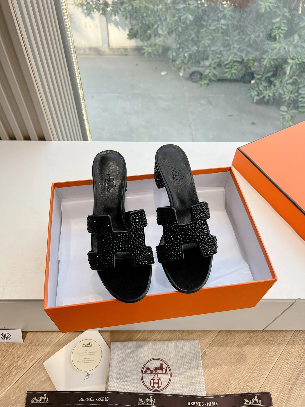 Hermès Women Black Embellished Leather Mules product view 3