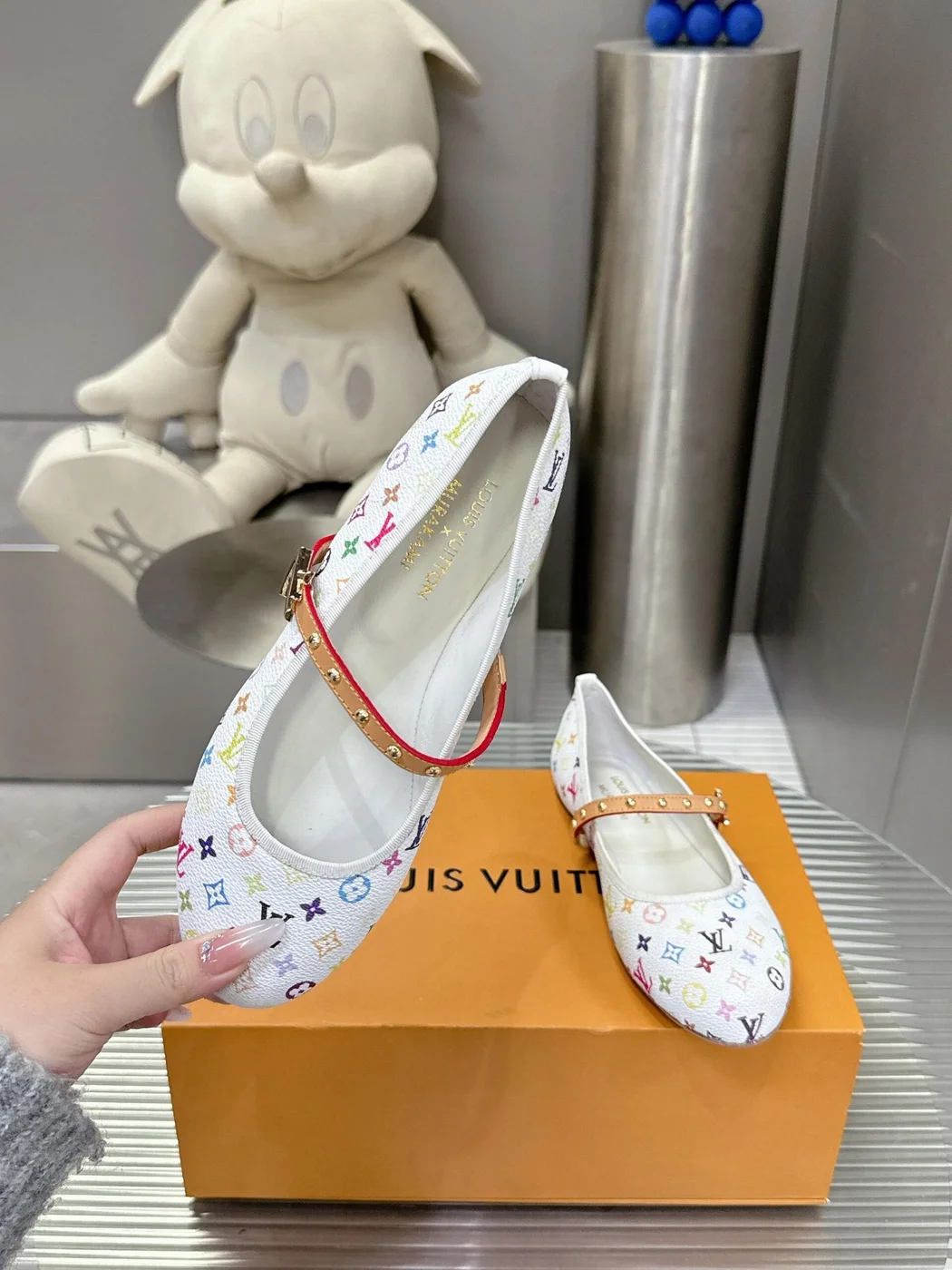 Louis Vuitton Women White Canvas Multicolor Print Leather Strap Flats product view 6