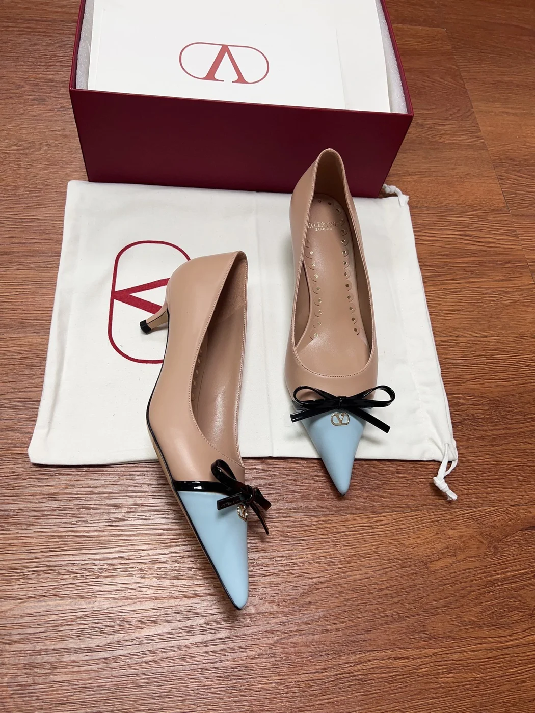 Valentino Women Beige And Light Blue Leather Pumps product view 6