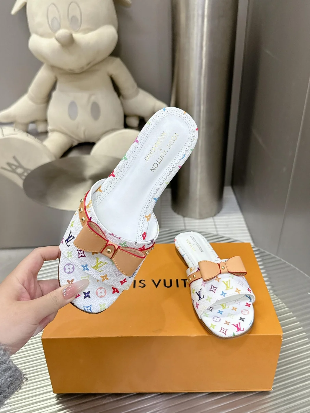 Louis Vuitton Women White Leather Multicolor Monogram Mules product view 4