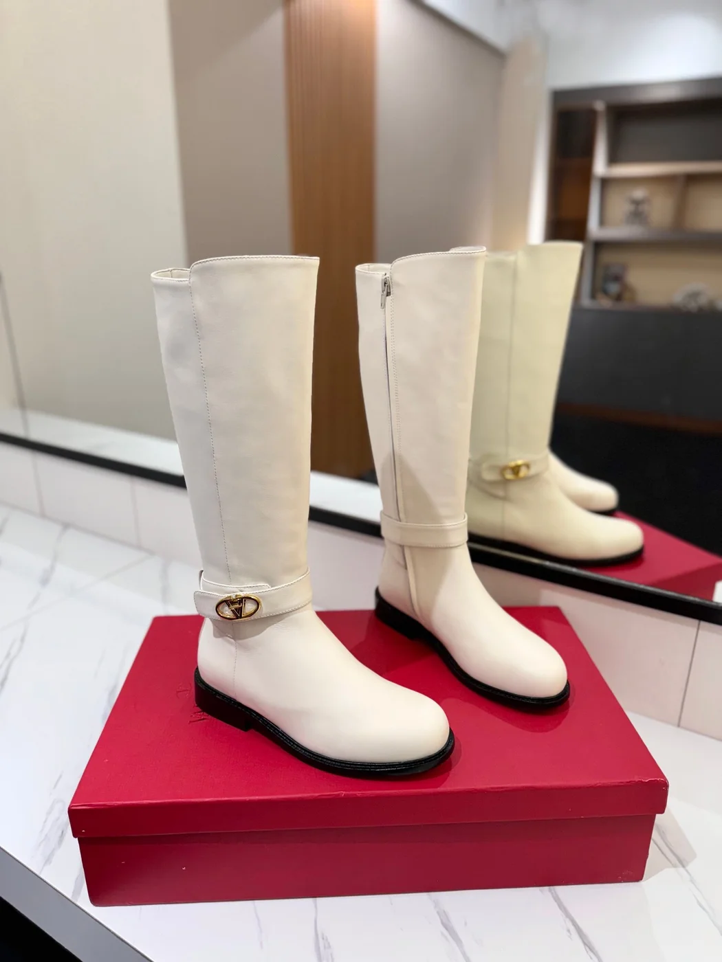 Valentino Women White Leather Knee High Boots — Ankle-Strap Detail product view 1