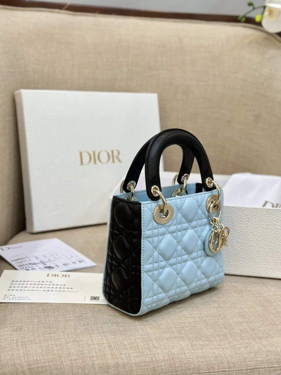 Dior Lady Mini Handbag for Women Ice Blue Cowhide 18 cm product view 5