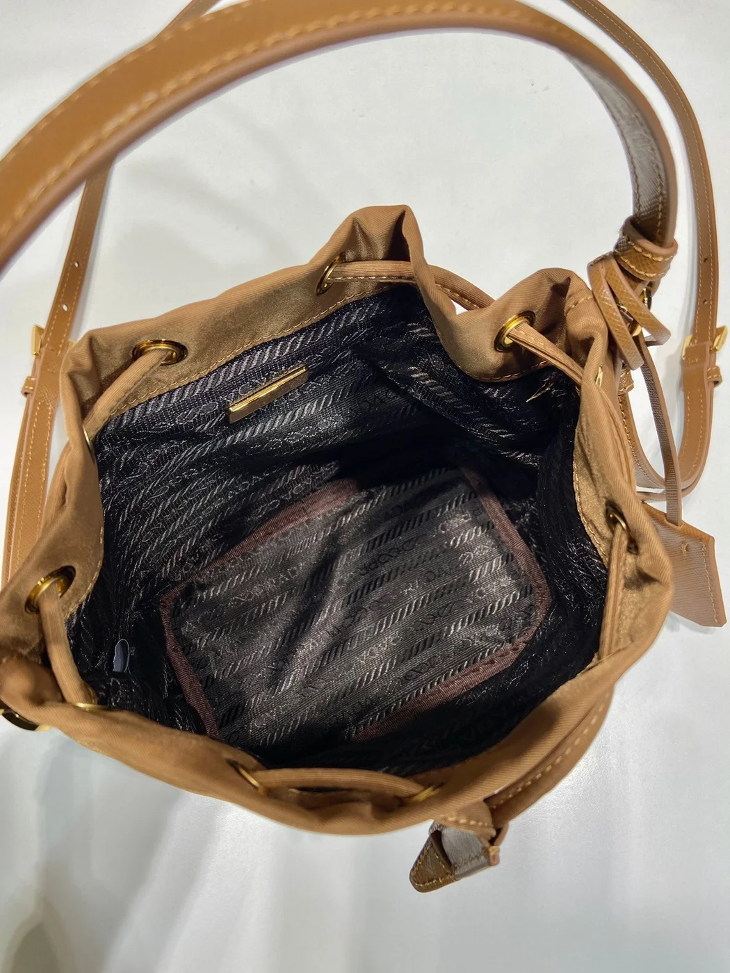 Prada Bucket Bag 19 In Russet Brown Re-Nylon And Calfskin Handle product view 4