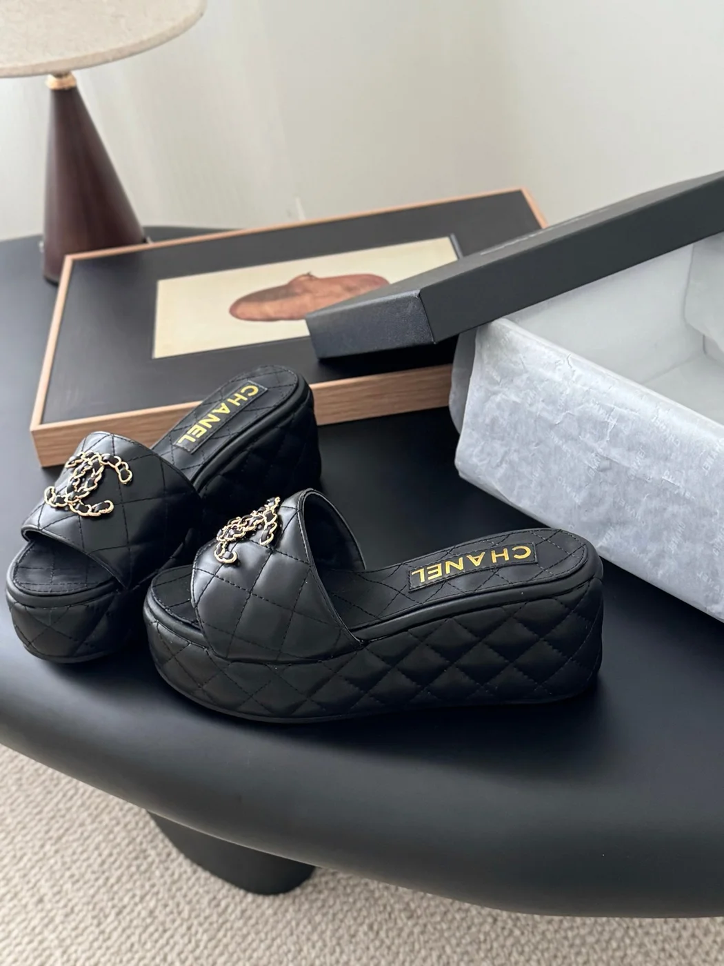 Chanel Women Black Leather Quilted Slides product view 2