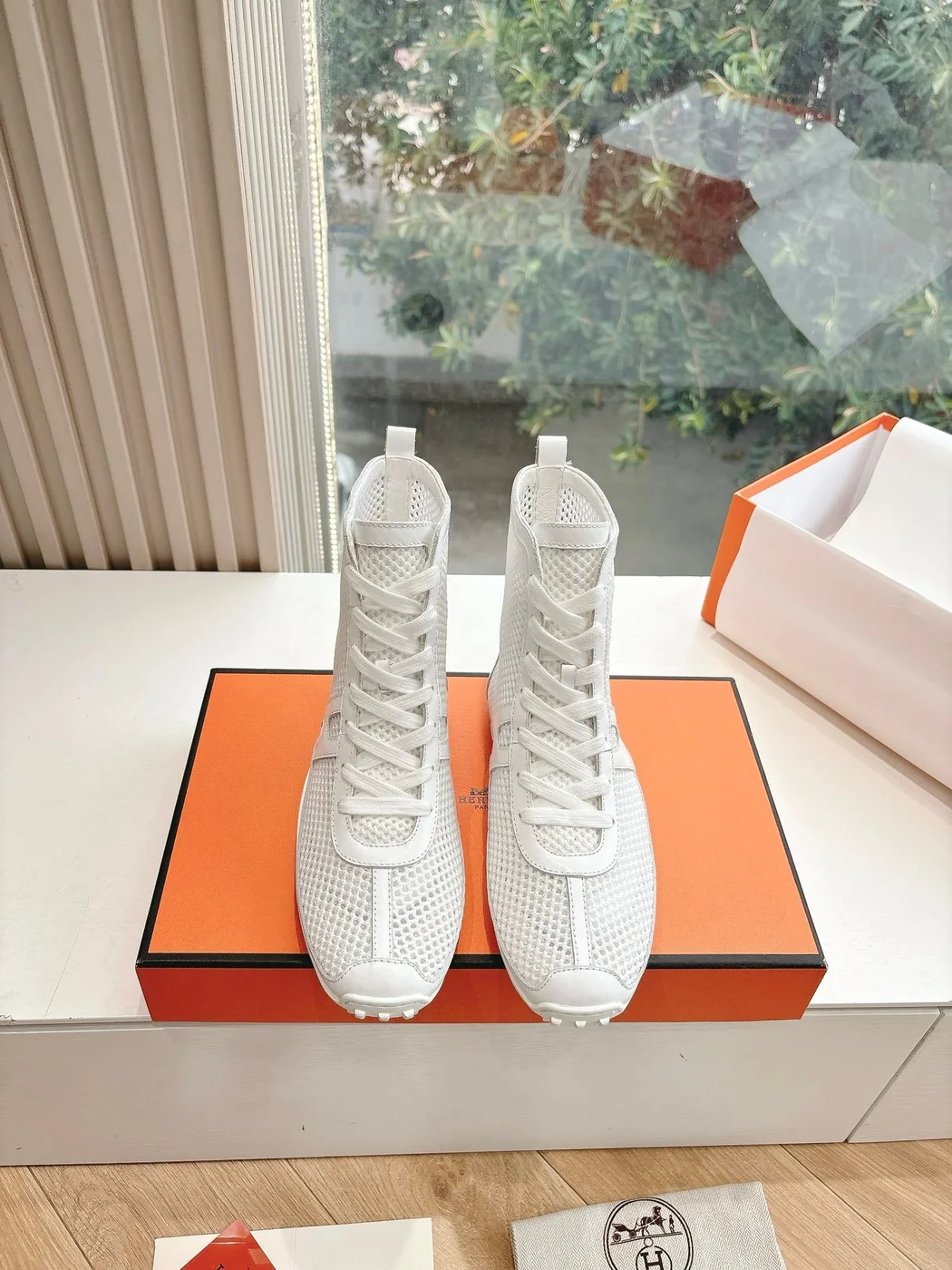Hermès Women White Mesh Leather Sneakers product view 1