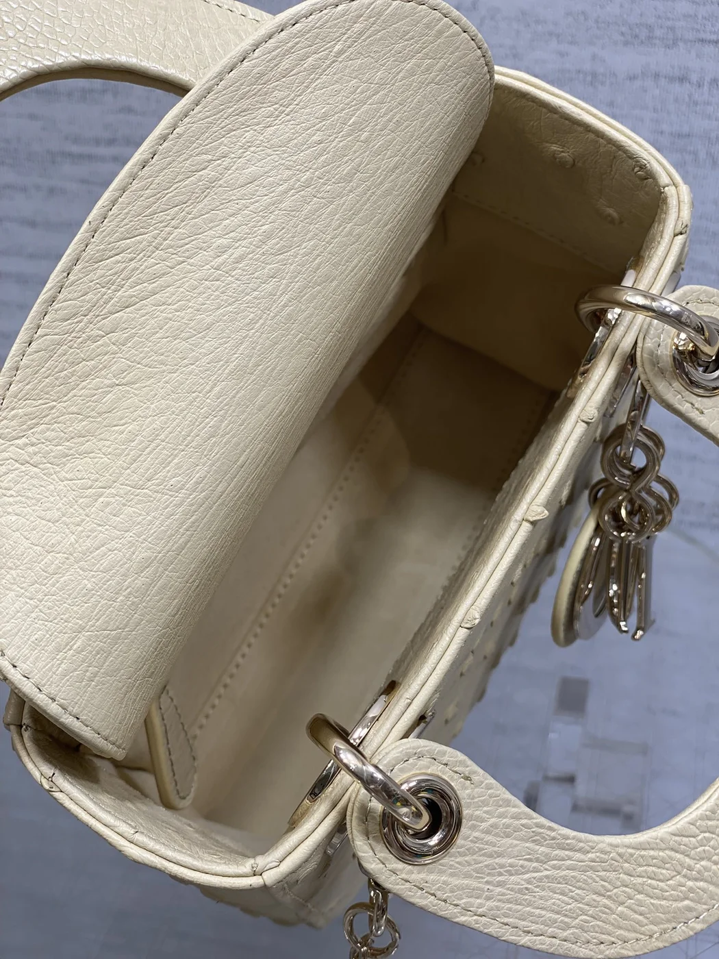 Dior Mini Lady Dior bag in Beige ostrich leather product view 6