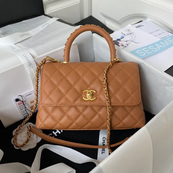 Chanel Coco Brown Leather With Lock Gold Handbags 24 cm product view 1