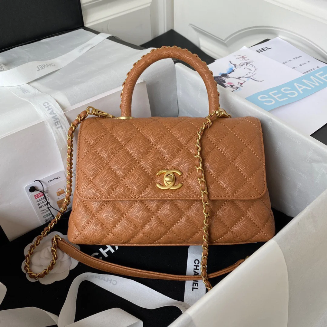 Chanel Coco Brown Leather With Lock Gold Handbags 24 cm product view 1