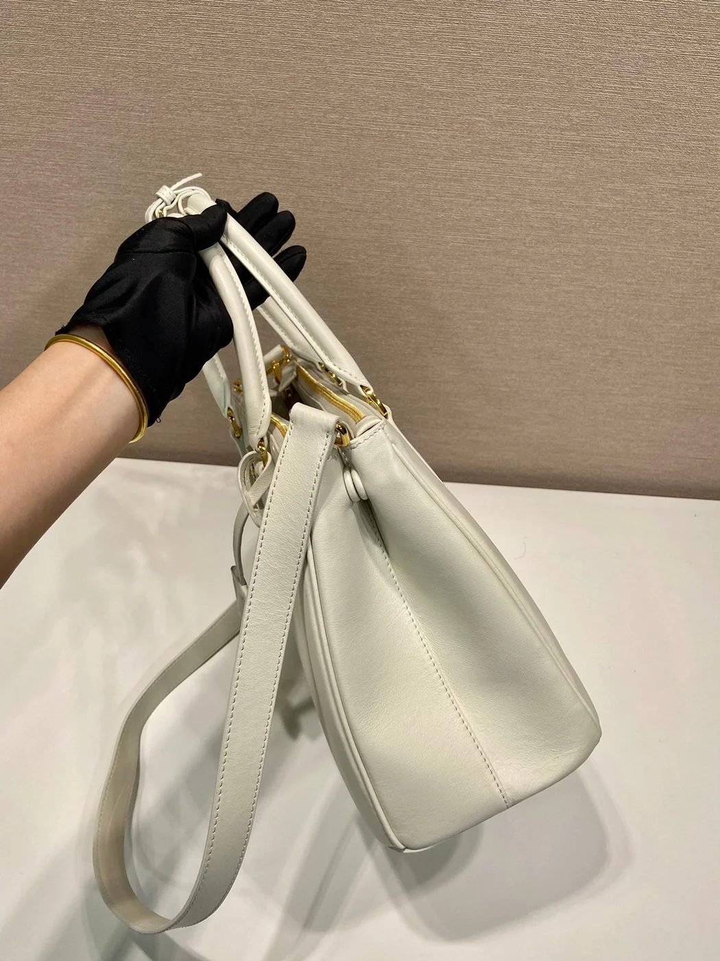 Prada Medium Galleria Bag 28 In White Smooth Calfskin Gold Hardware product view 3