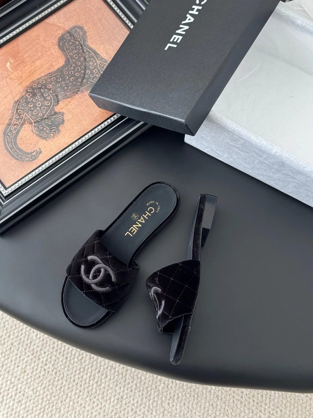 Chanel Women Black Velvet Quilted Slides product view 3