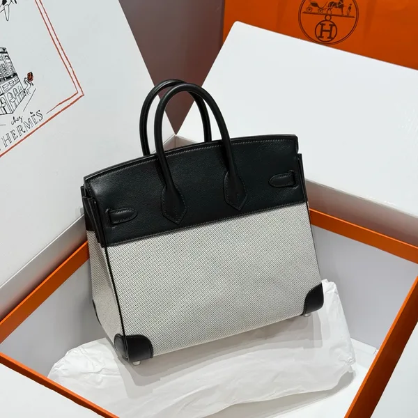 Hermès Birkin 25 cm In Black Swift White Toile Canvas (Custom-Made) Bag product view 2