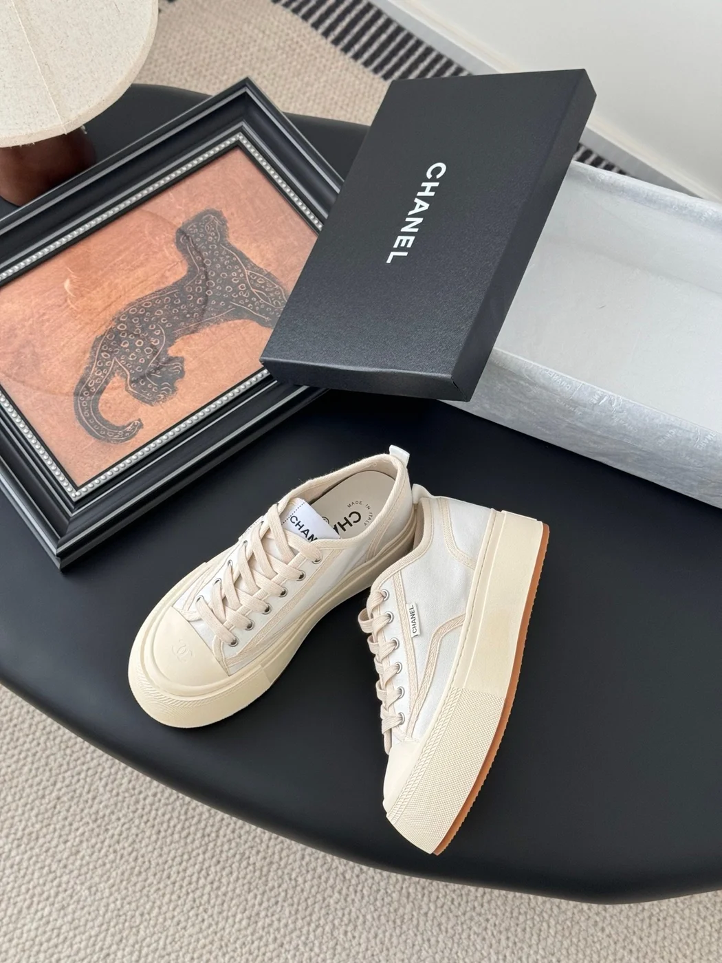 Chanel Women Beige Canvas And Rubber Sneakers product view 3