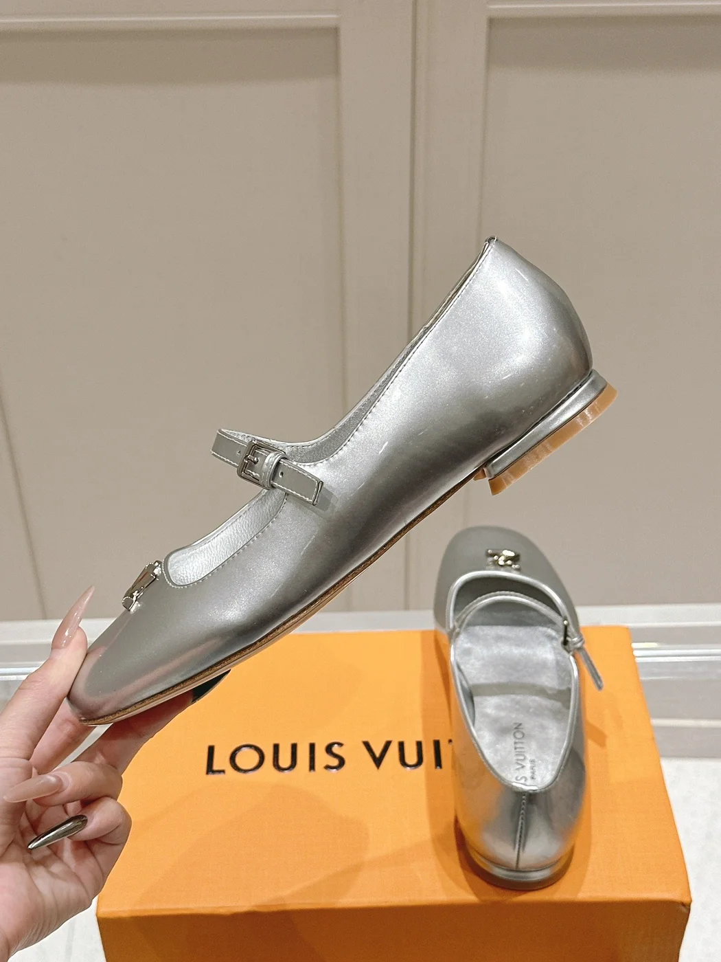 Louis Vuitton Women Silver Leather Mary Jane Flats product view 6