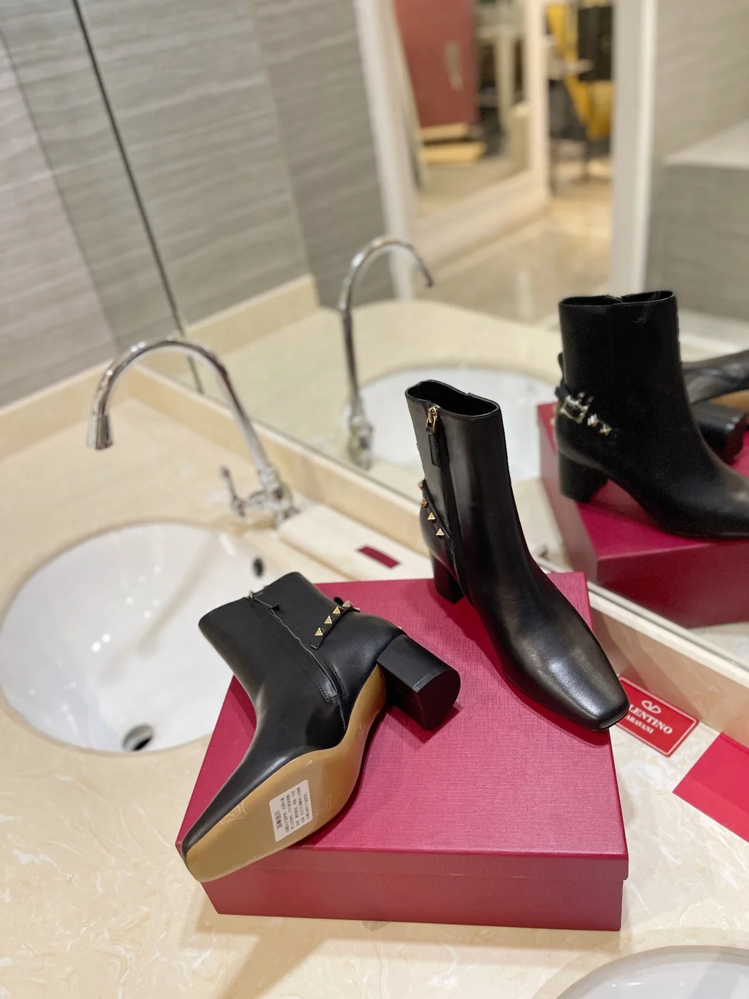 Valentino Women Black Leather Studded Ankle Boots product view 2