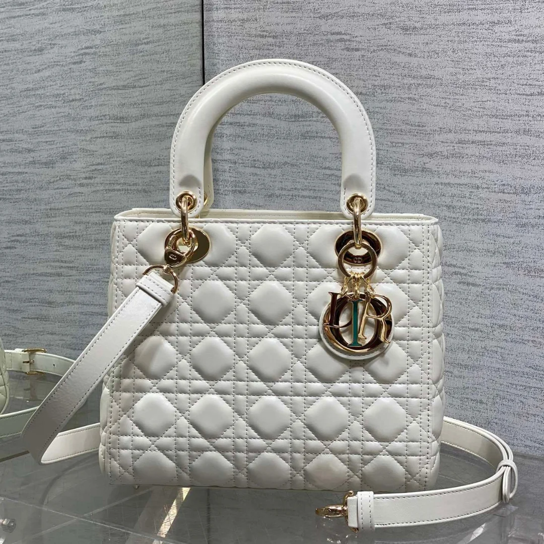 Dior Medium Lady Bag in White Gold Hardware
