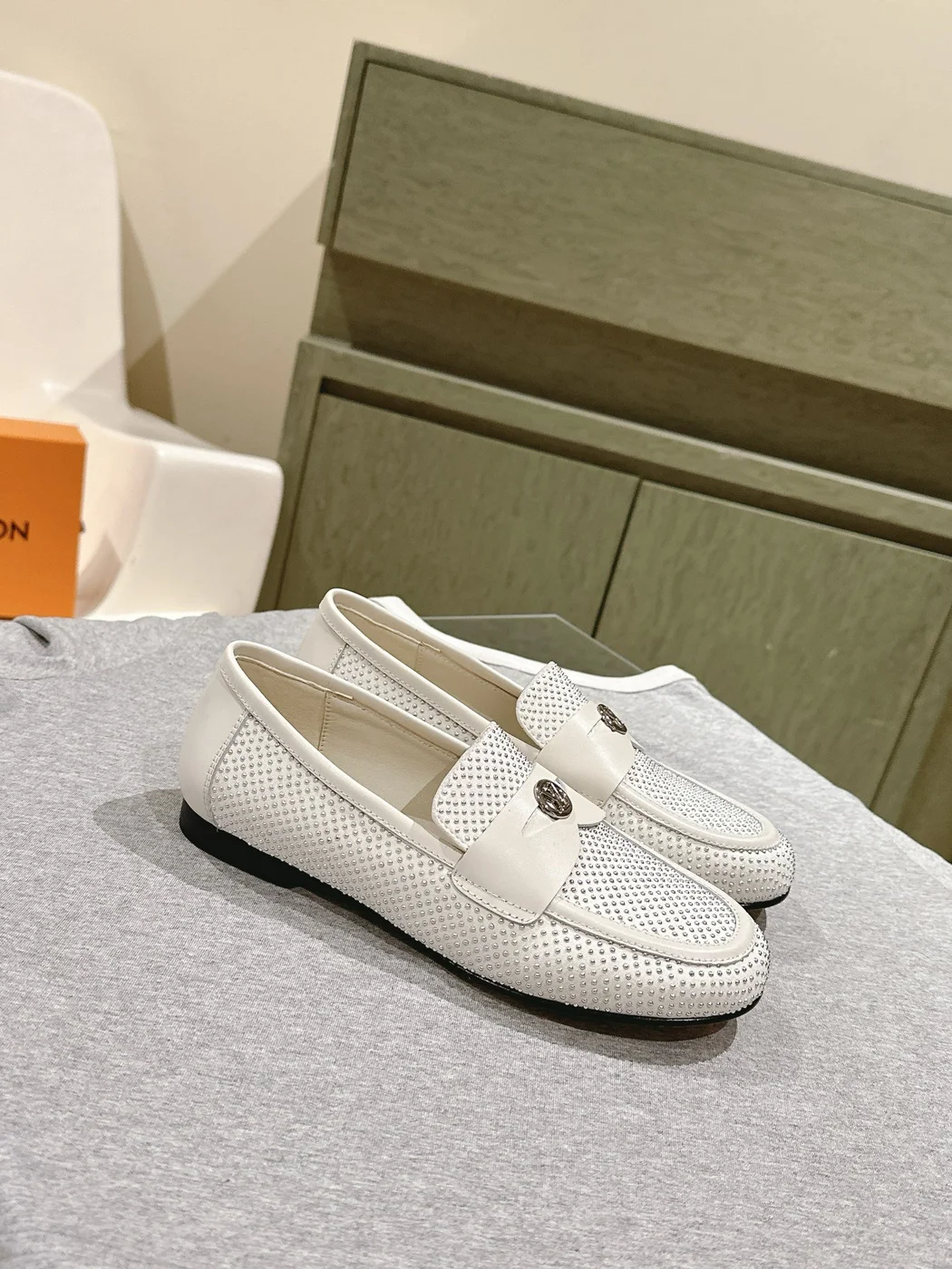 Louis Vuitton Women White Leather Studded Loafers product view 3