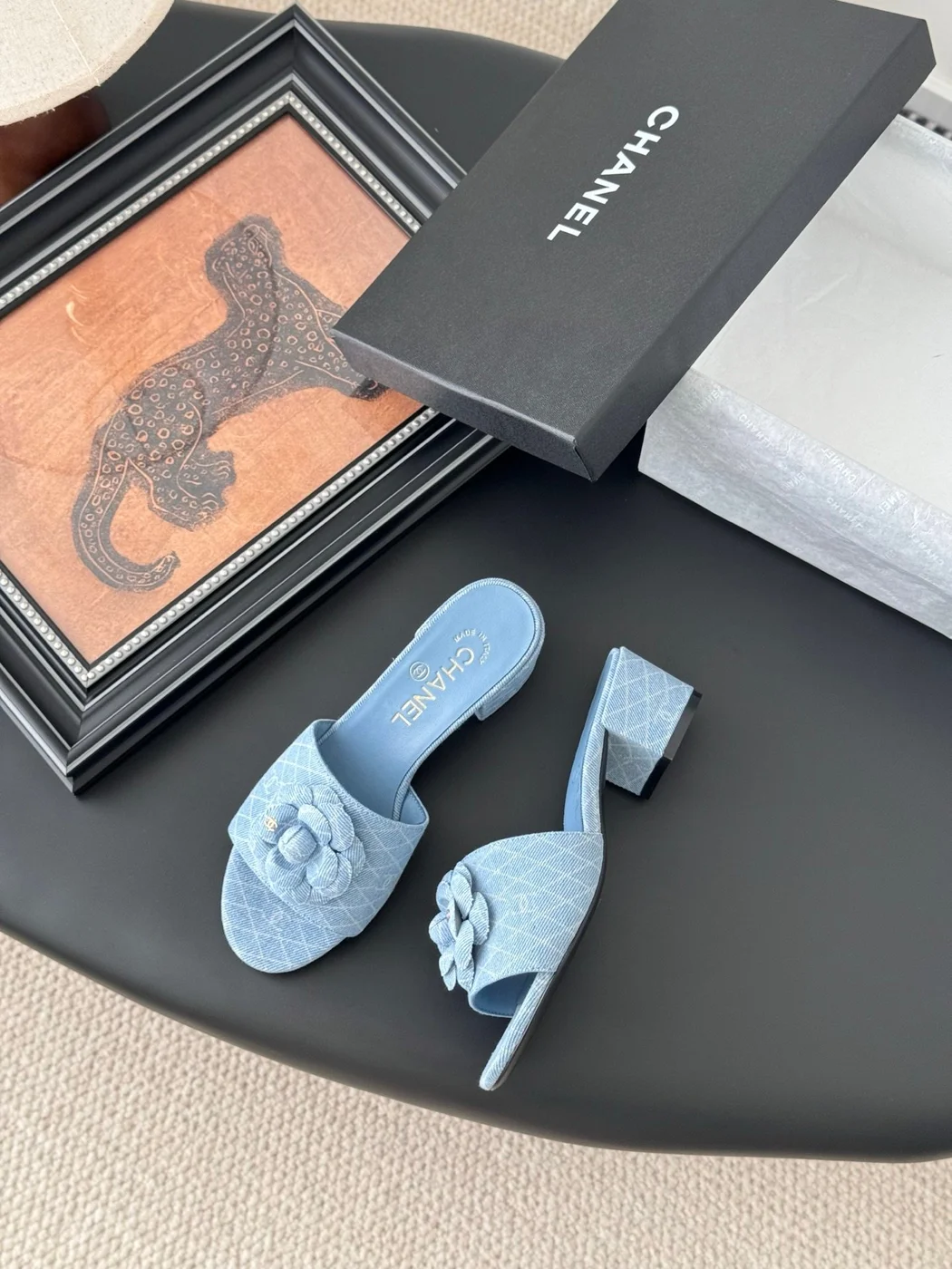 Chanel Women Light Blue Fabric Floral Slide Sandals product view 3