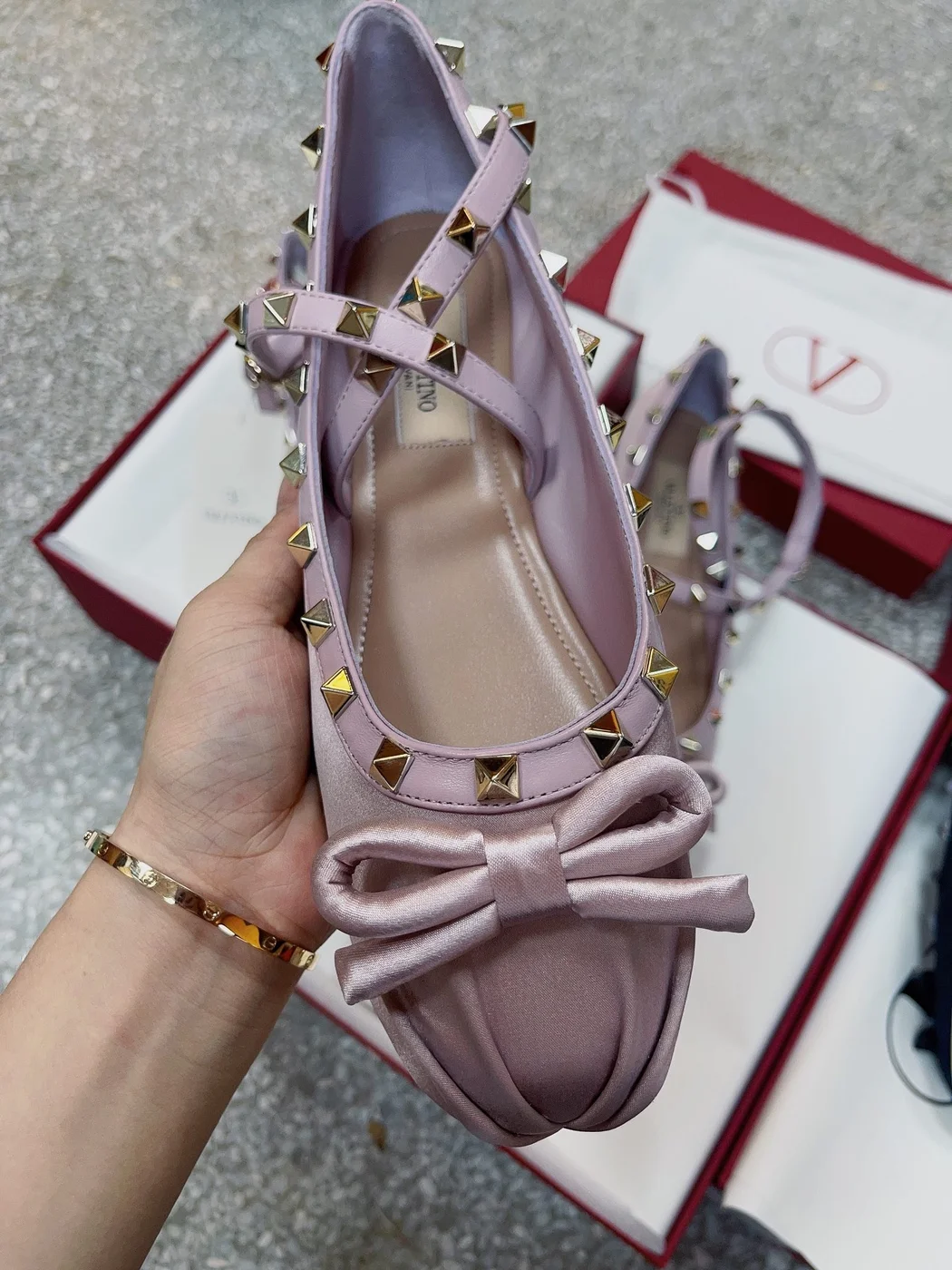 Valentino Women Pink Satin Studded Flats product view 2