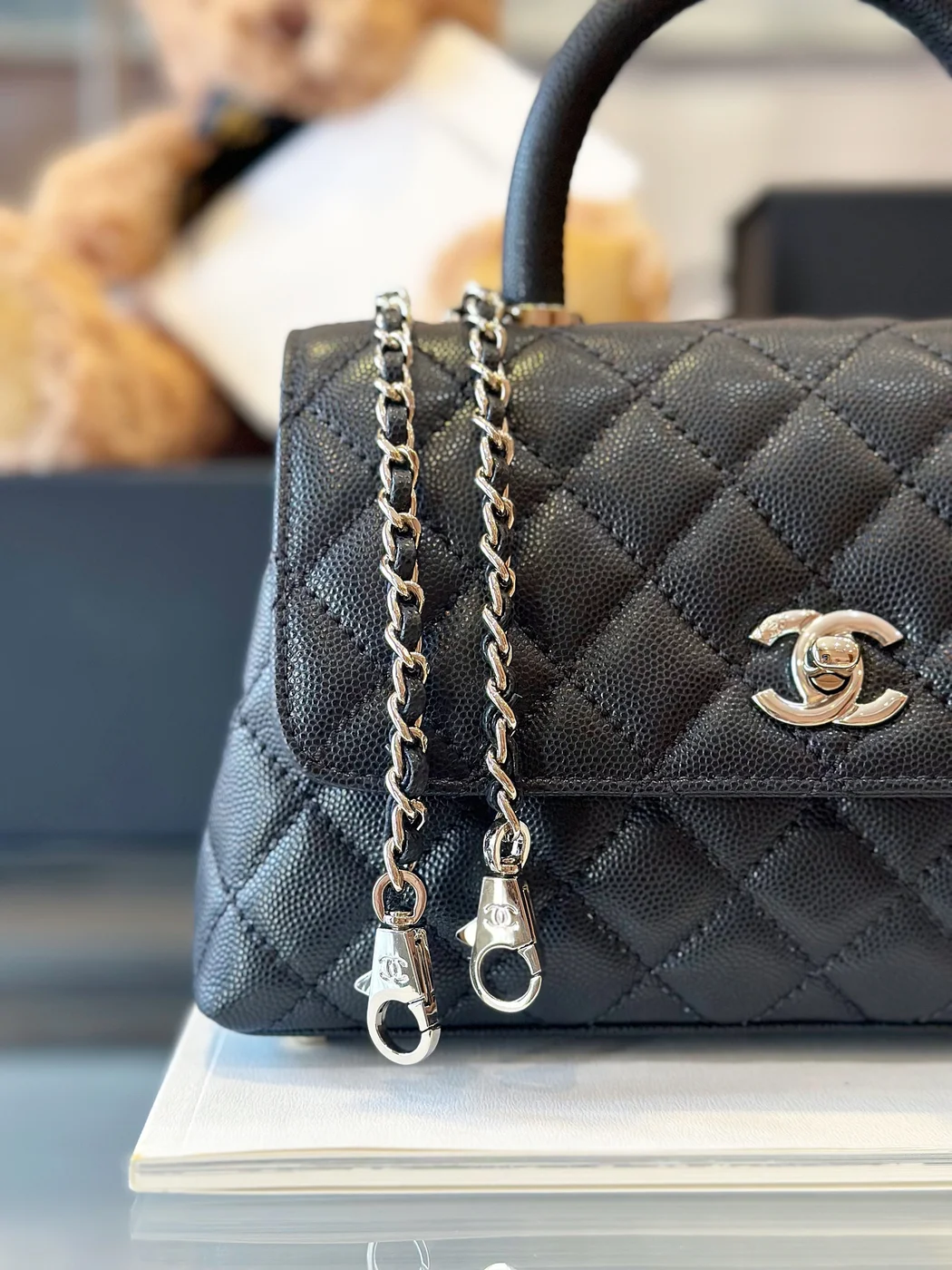Chanel Coco Handbag Leather Black With Silver Lock 23 cm product view 3