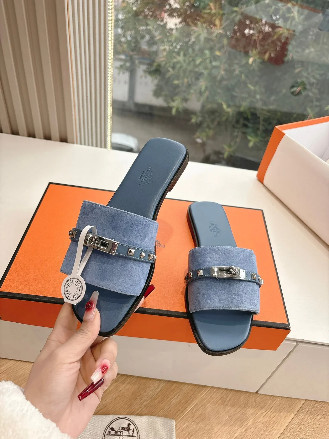 Hermès Women Blue Suede Flat Slide Sandals product view 6