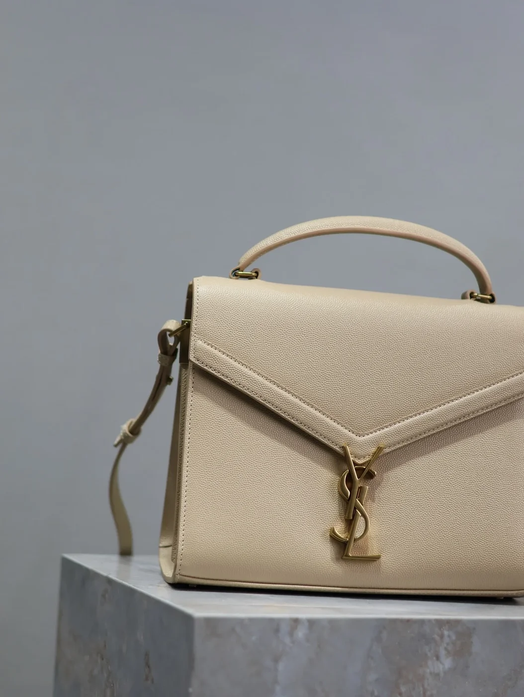Saint Laurent Cassandra Top Handle Bag Medium In Beige Calfskin Gold Hardware product view 4
