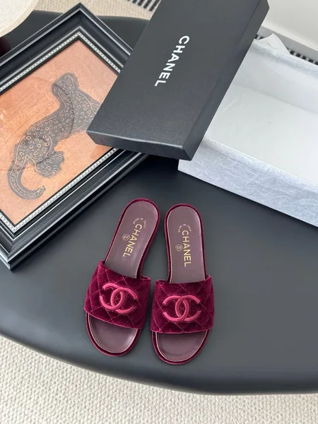 Chanel Women Burgundy Velvet Slides product view 1