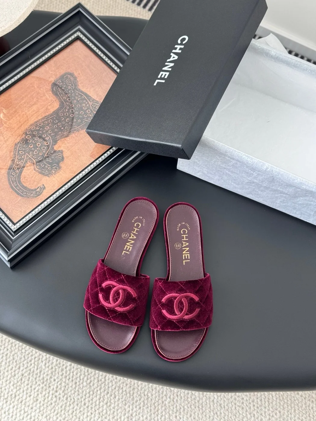 Chanel Women Burgundy Velvet Slides product view 1