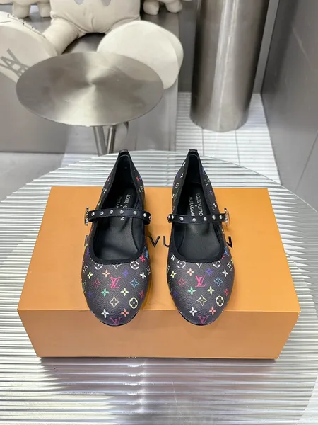 Louis Vuitton Women Black Leather Multicolor Monogram Mary Jane Flats product photo