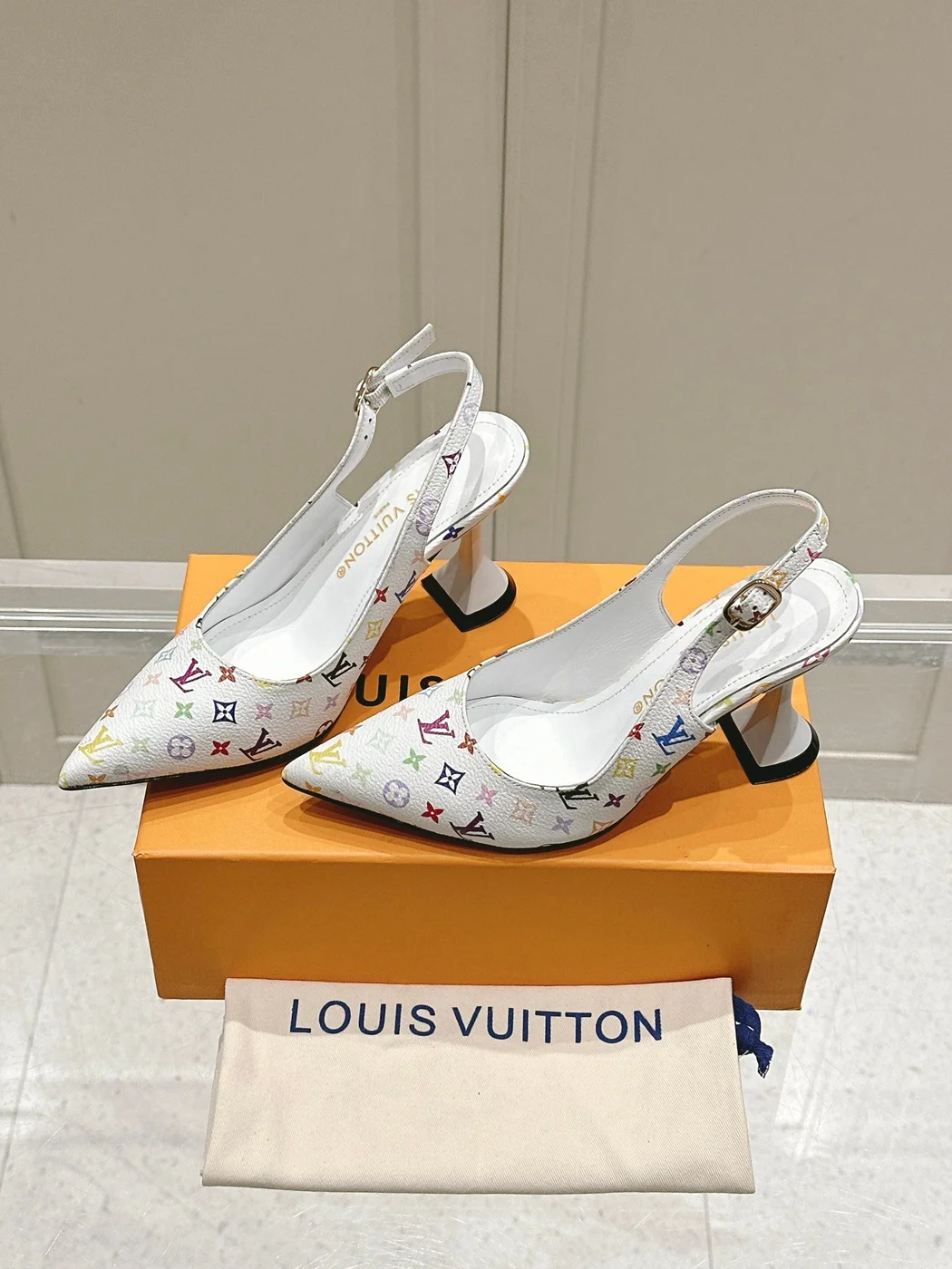 Louis Vuitton Women White Leather Multicolor Logo Heels product view 3