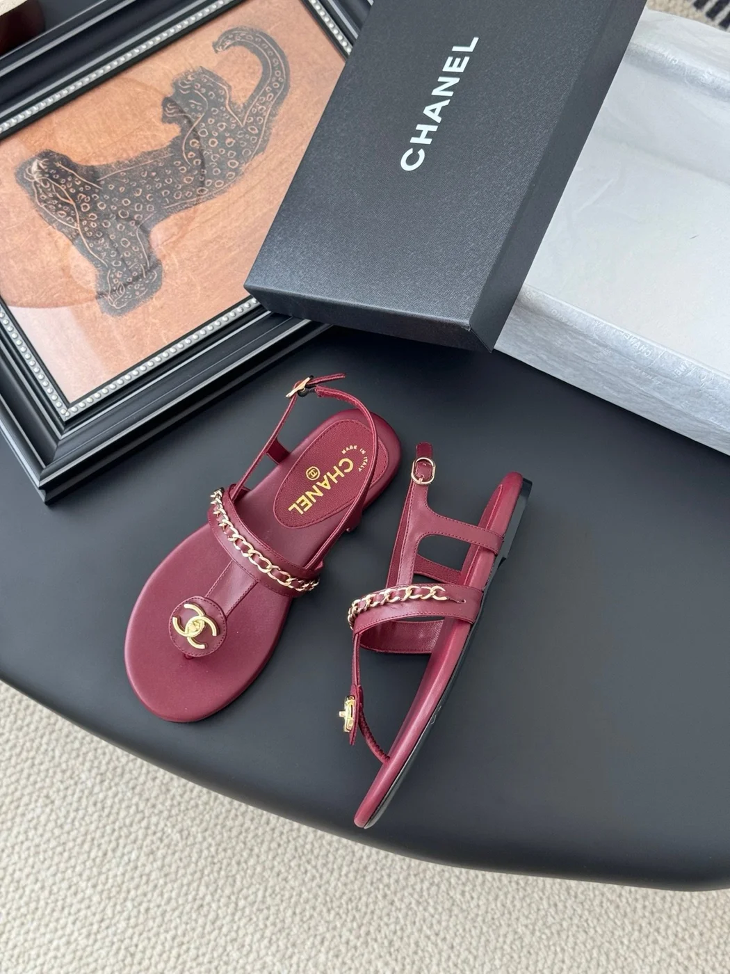 Chanel Women Burgundy Leather Sandals product view 3