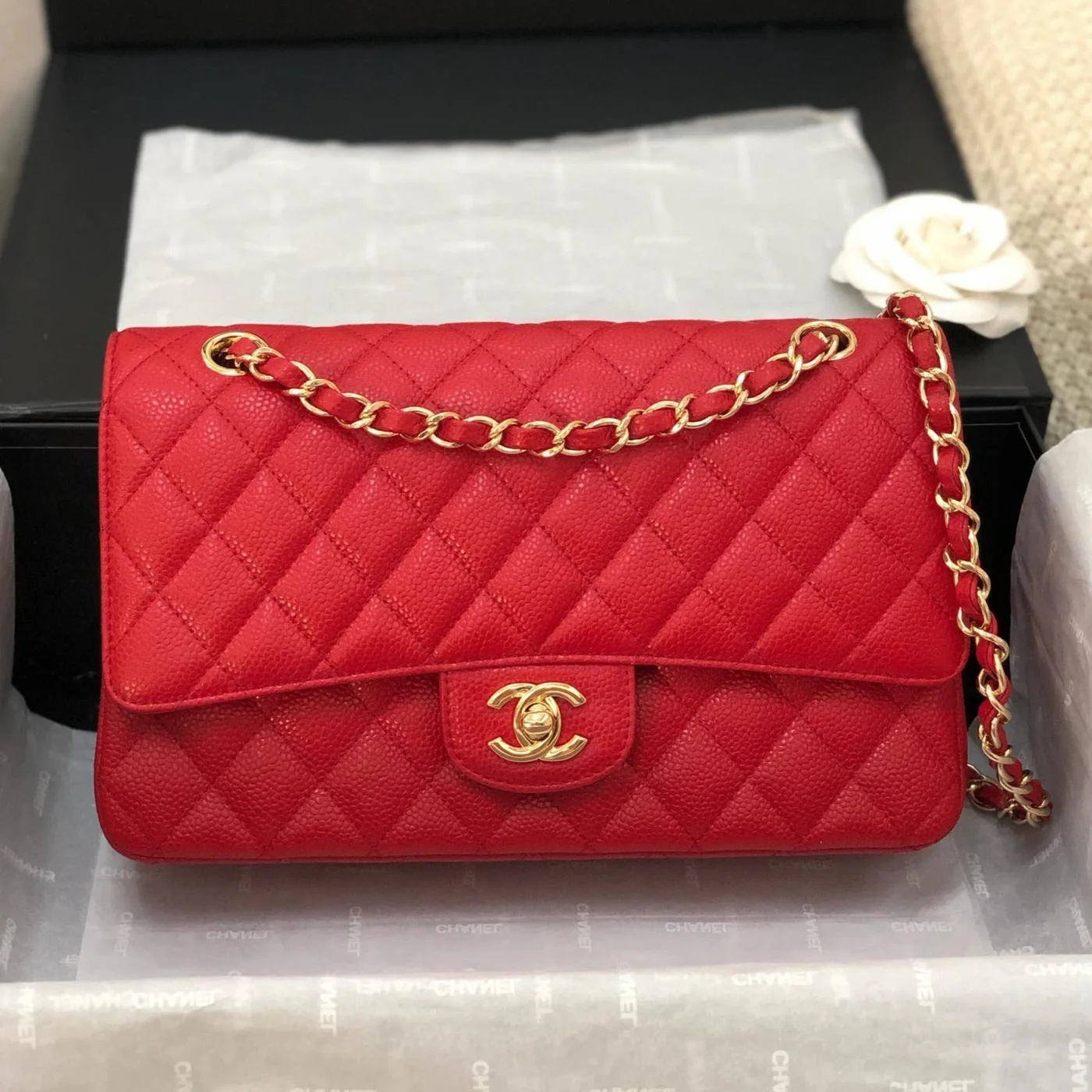 Chanel Flap Bag Medium 25 cm Red Caviar Gold Hardware product view 1