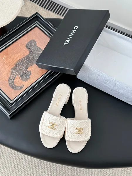 Chanel Women Cream Tweed Slides product view 1