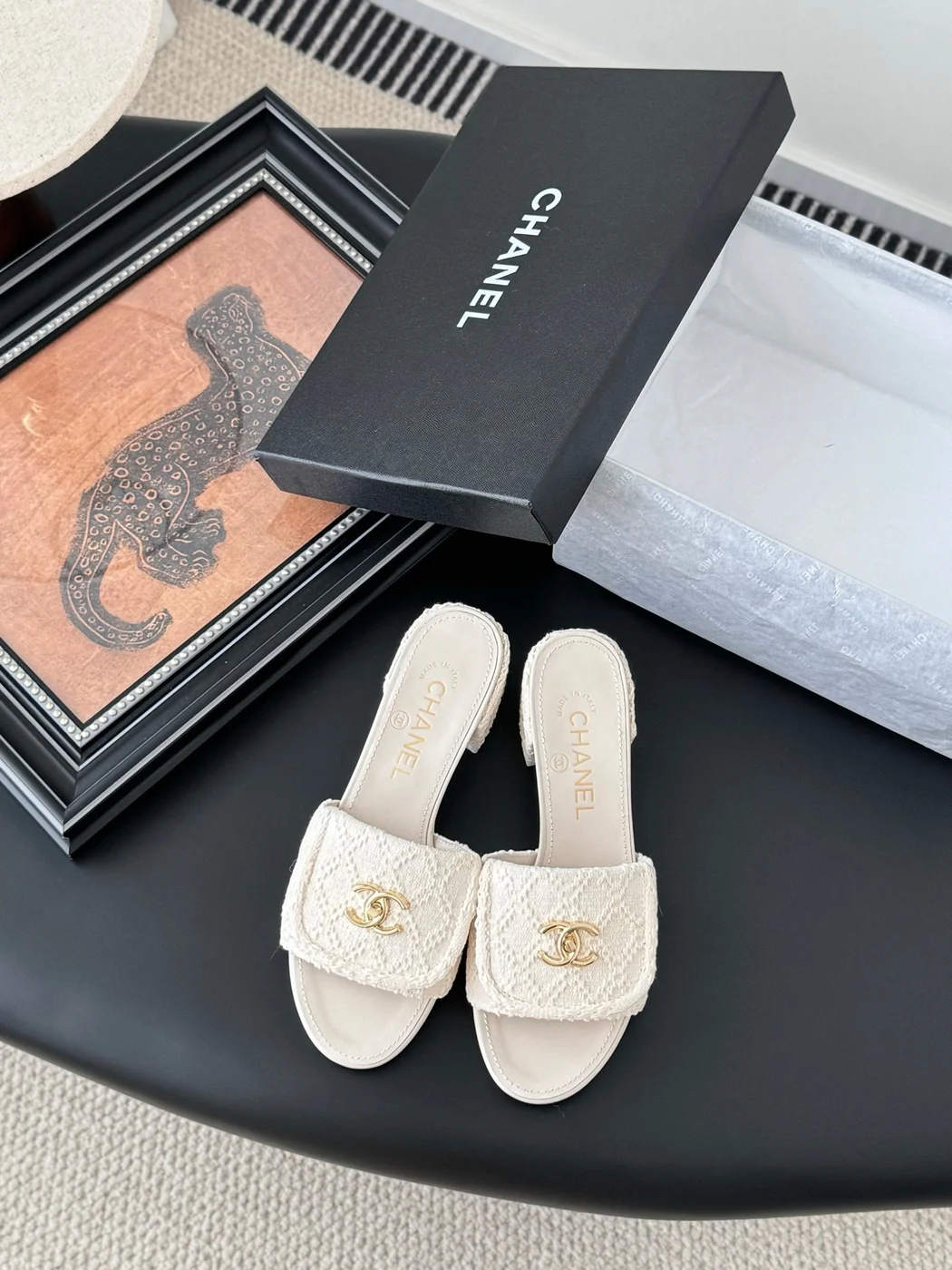 Chanel Women Cream Tweed Slides product view 1