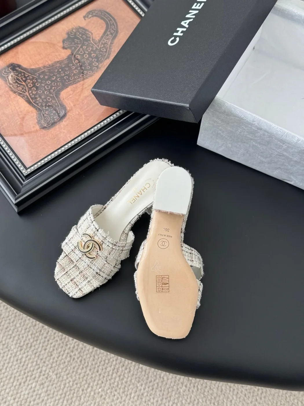 Chanel Women Cream Tweed Slides product view 4