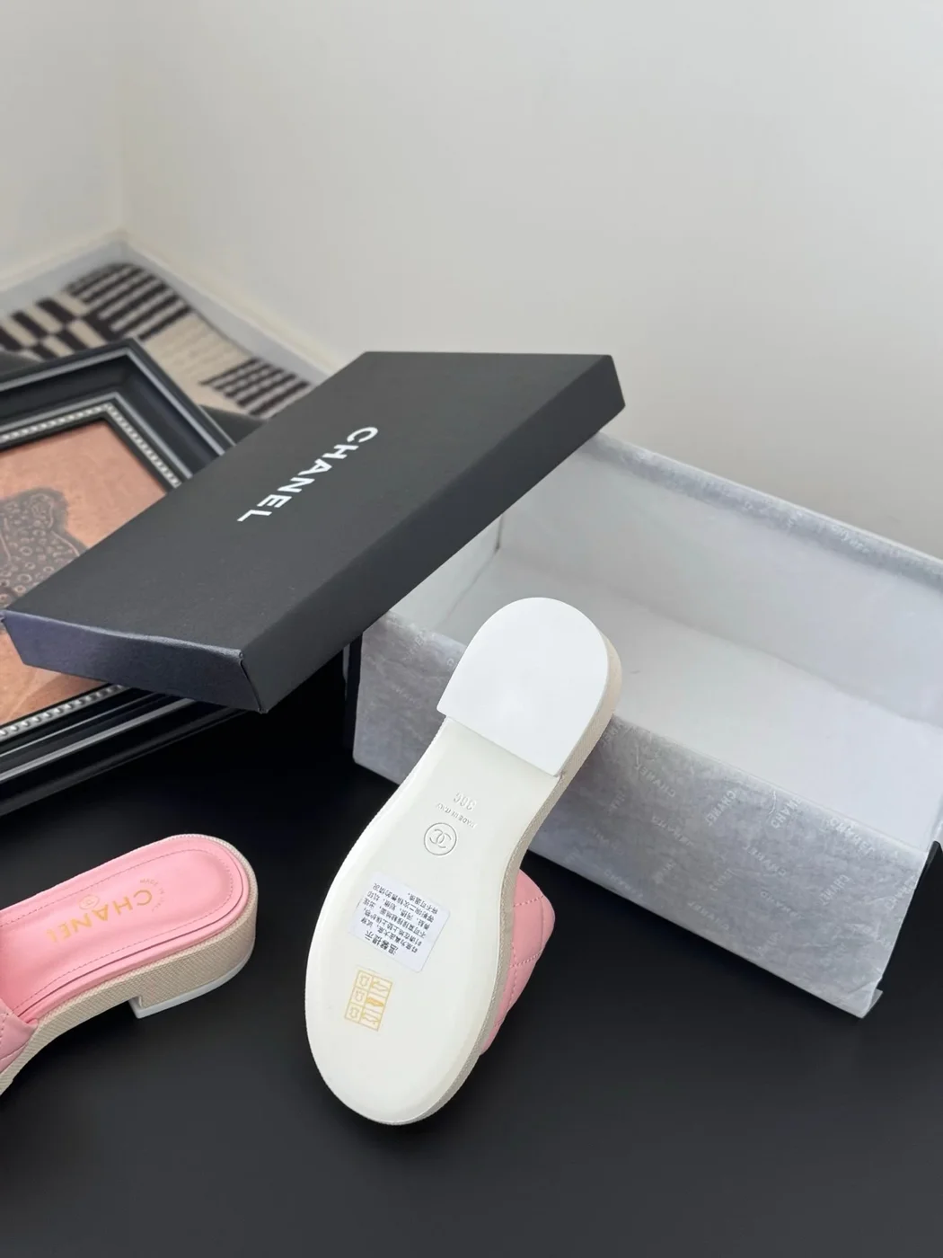 Chanel Women Pink Quilted Leather Slides product view 4