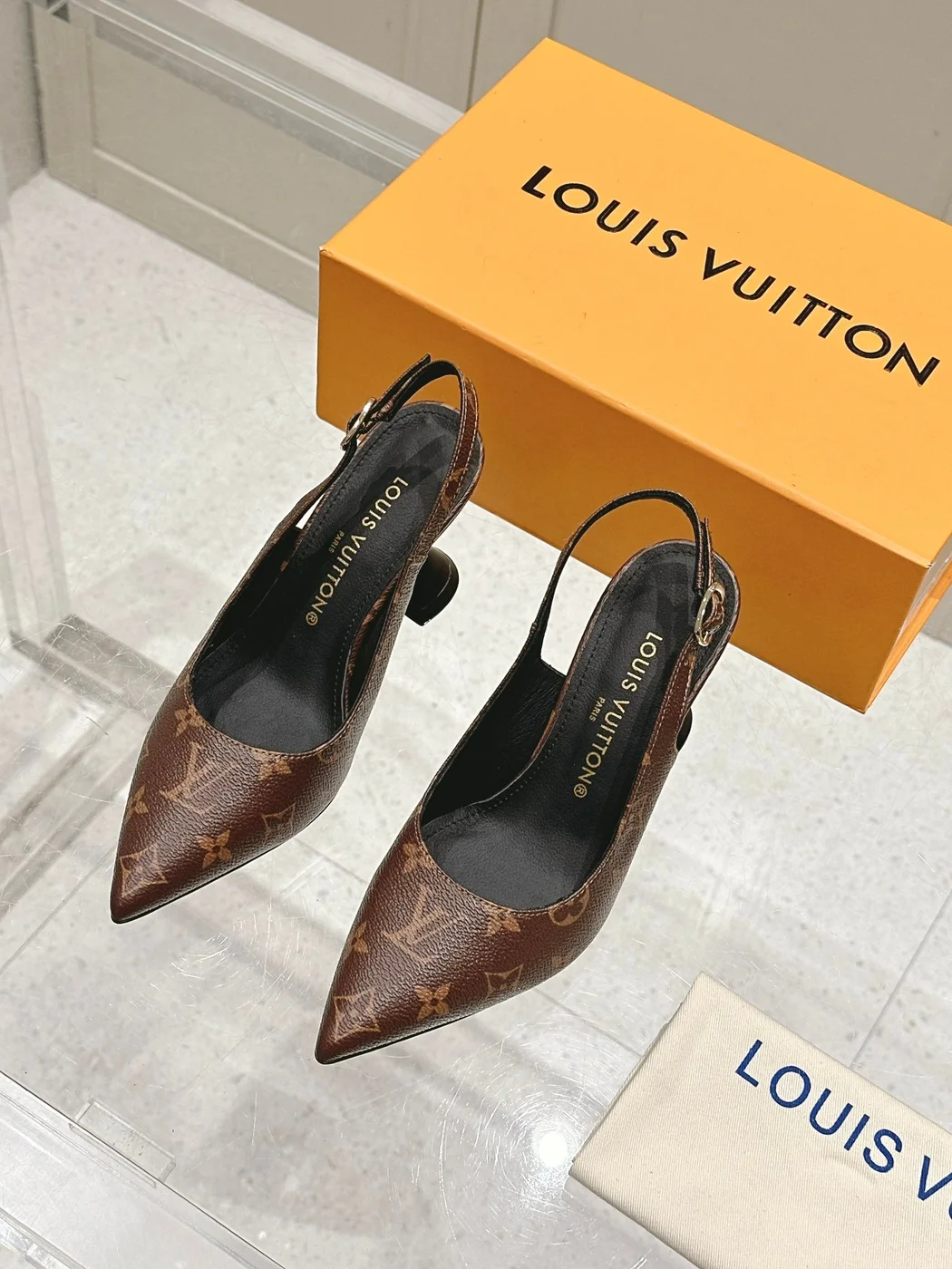 Louis Vuitton Women Brown Leather Patterned Slingback Heels product view 1
